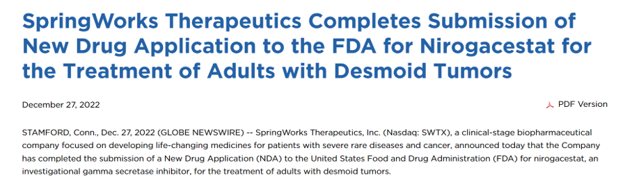 SpringWorks Therapeutics宣布已完成向FDA提交Nirogacestat治疗成人硬纤维瘤的新药申请。