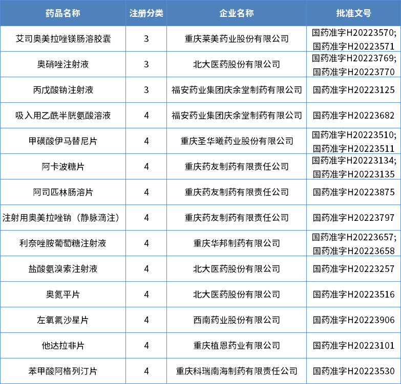 2022年重庆市获批化药仿制药信息