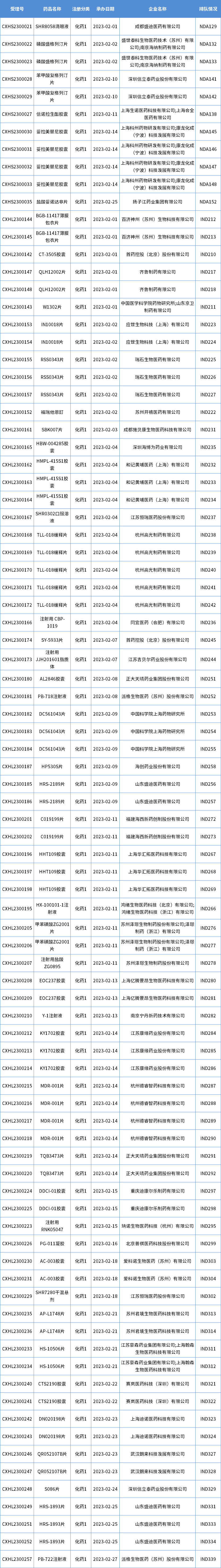 2023年2月新承辦的化藥1類國產新藥