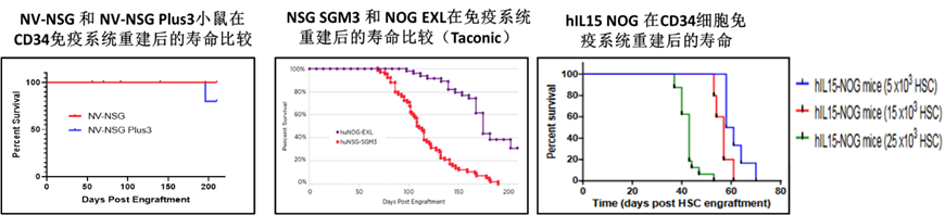 人源化NV-NSG Plus3小鼠和其他第二代人源化小鼠的寿命比较