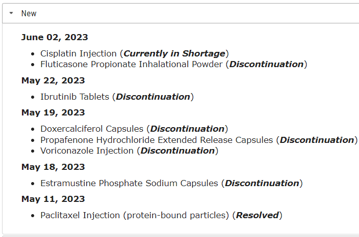 2023年美国新增的短缺药物
