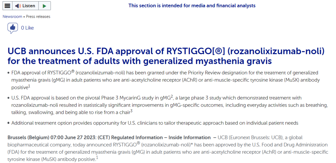 FDA已批准该公司皮下注射靶向新生儿Fc受体单抗Rystiggo上市