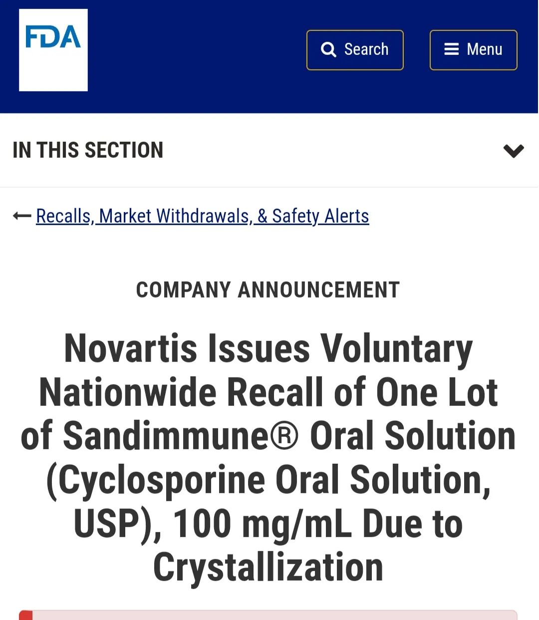 FDA发布了诺华一款用于治疗免疫排斥的药物召回通告