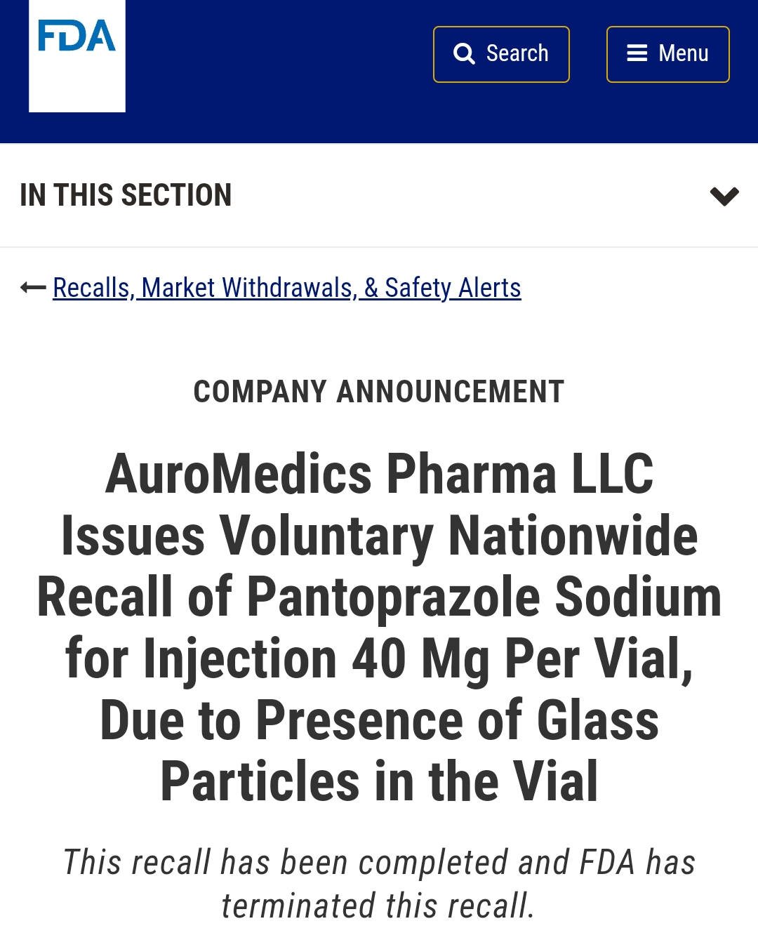 AuroMedics制药也因注射用泮托拉唑钠被投诉有玻璃颗粒而发起召回