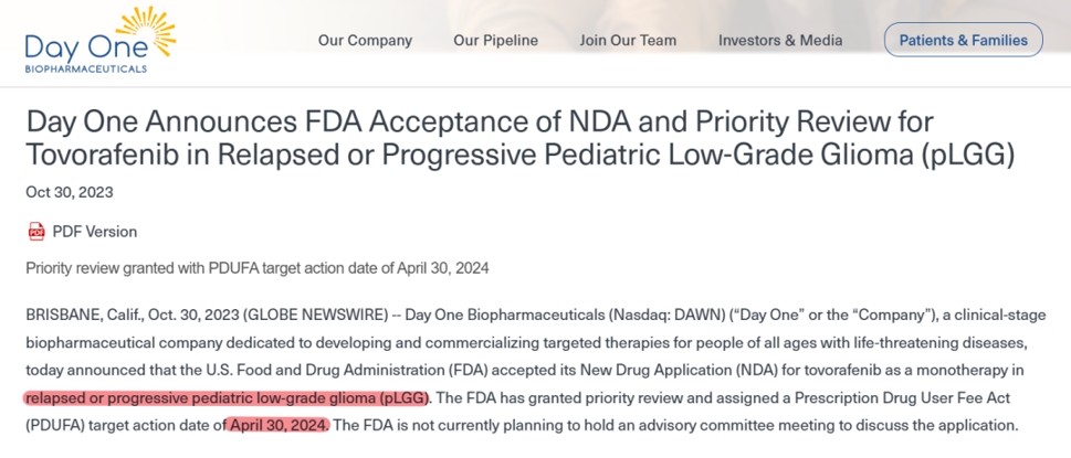 Day One Biopharmaceuticals宣布Tovorafenib单药用于治疗复发或进展型儿童低级别胶质瘤（pLGG）的新药申请（NDA）获FDA受理