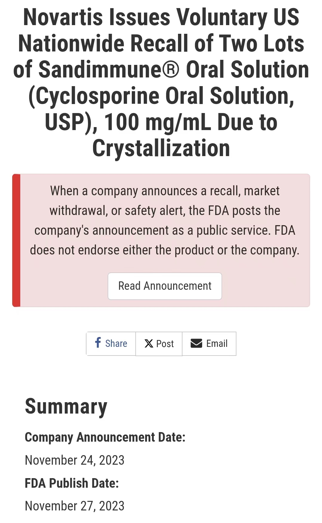 美国FDA公布了诺华制药的一款环孢素口服溶液的召回公告