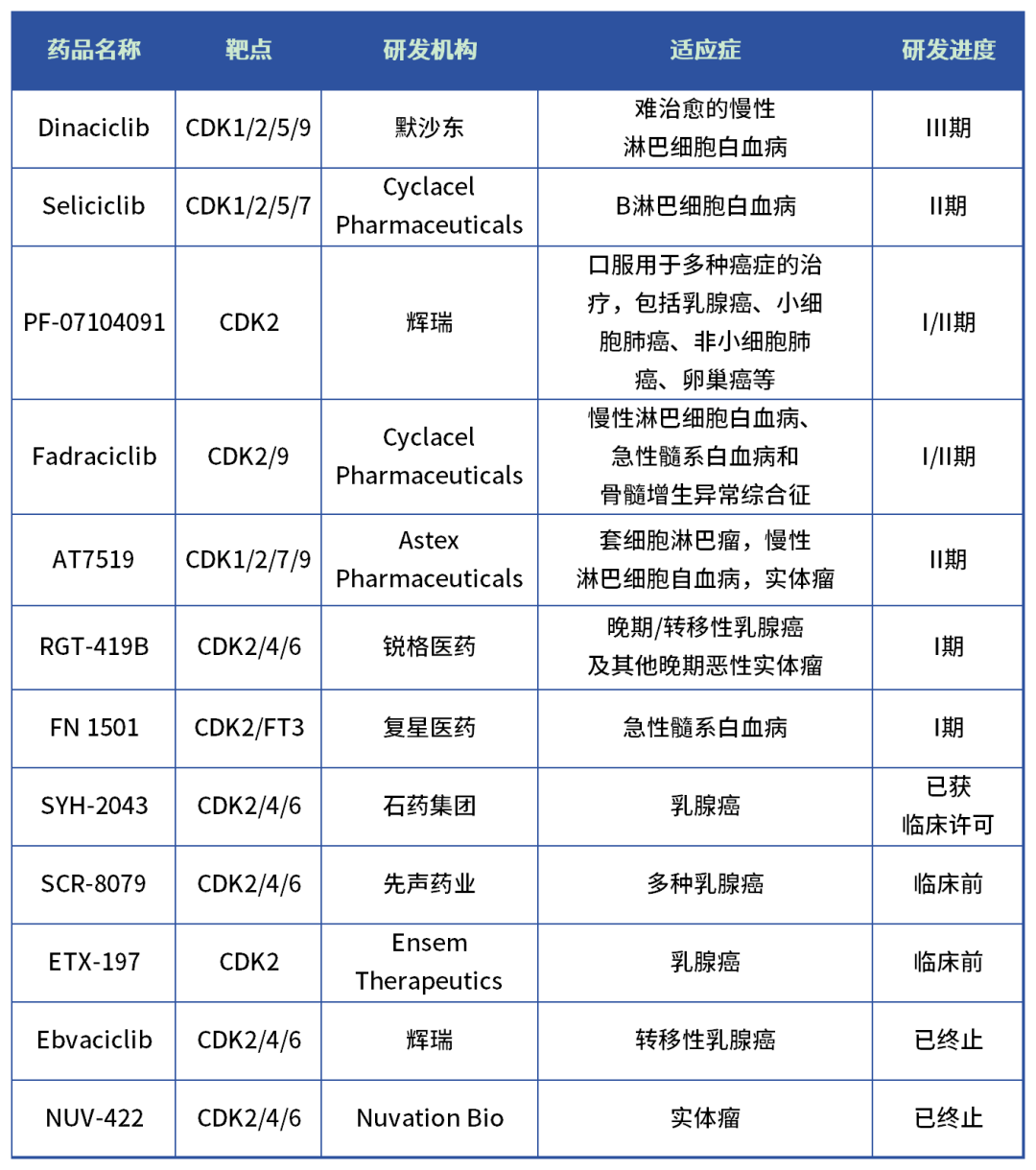 全球部分CDK2抑制剂在研管线