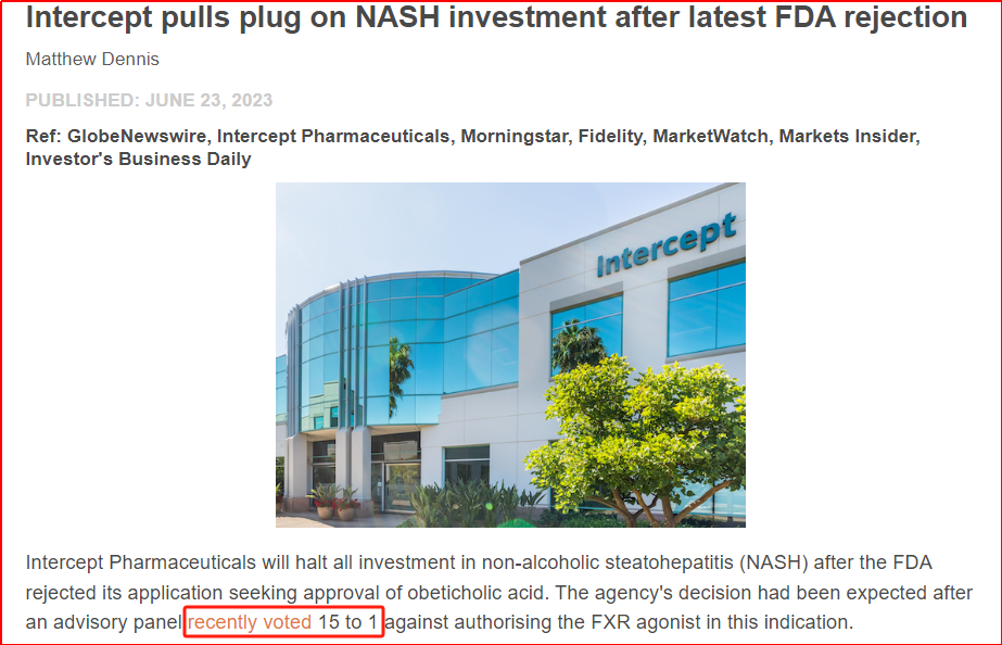 图1 FDA拒绝&Intercept暂停NASH投资