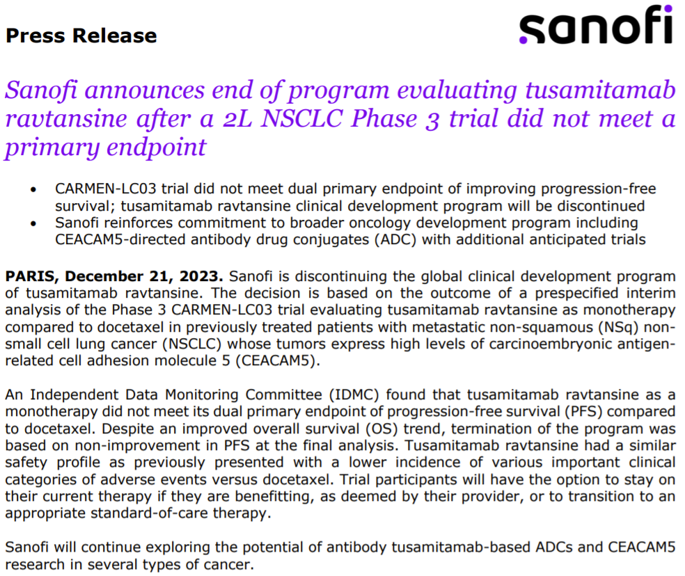 赛诺菲宣布，终止tusamitamab ravtansine（SAR408701，IBI-126）的全球临床开发计划。