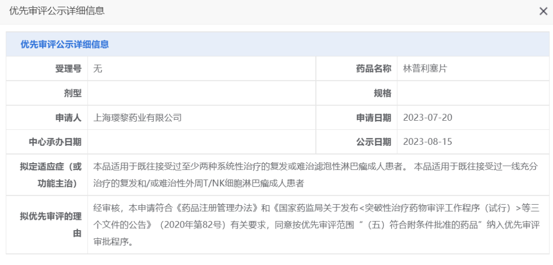 CDE官网显示上海璎黎药业有限公司（以下简称“璎黎药业”）的林普利塞片被纳入拟优先审评