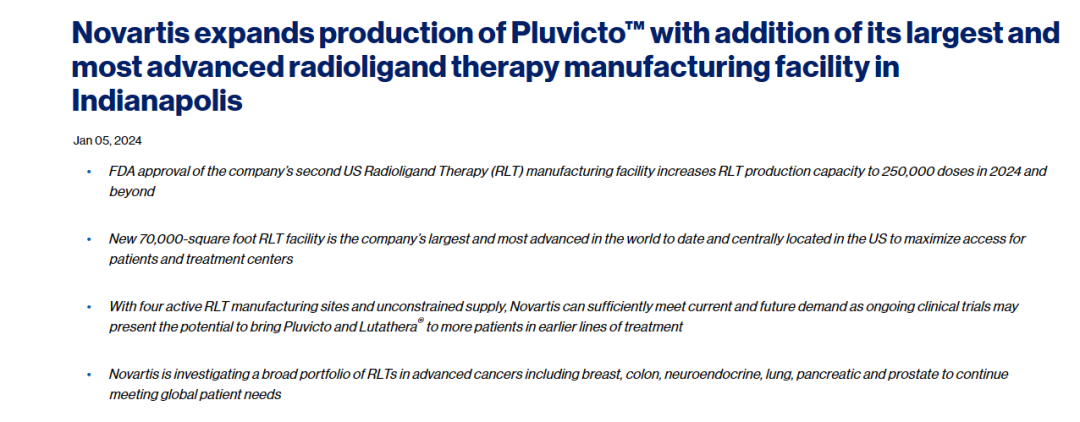 据诺华官网消息显示，其位于印第安纳波利斯的放射 性药物新生产基地已获得FDA的批准，可生产商业化用途的 Pluvicto
