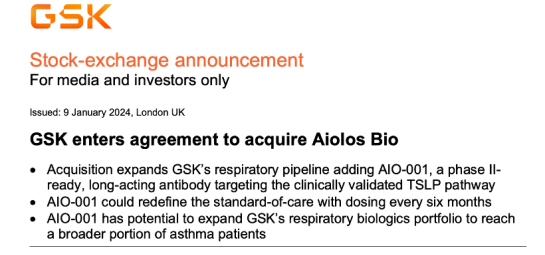 1月9日，葛兰素史克（GSK）宣布，与 Aiolos Bio 公司达成收购协议，以加强其呼吸系统和炎症药物产品线布局