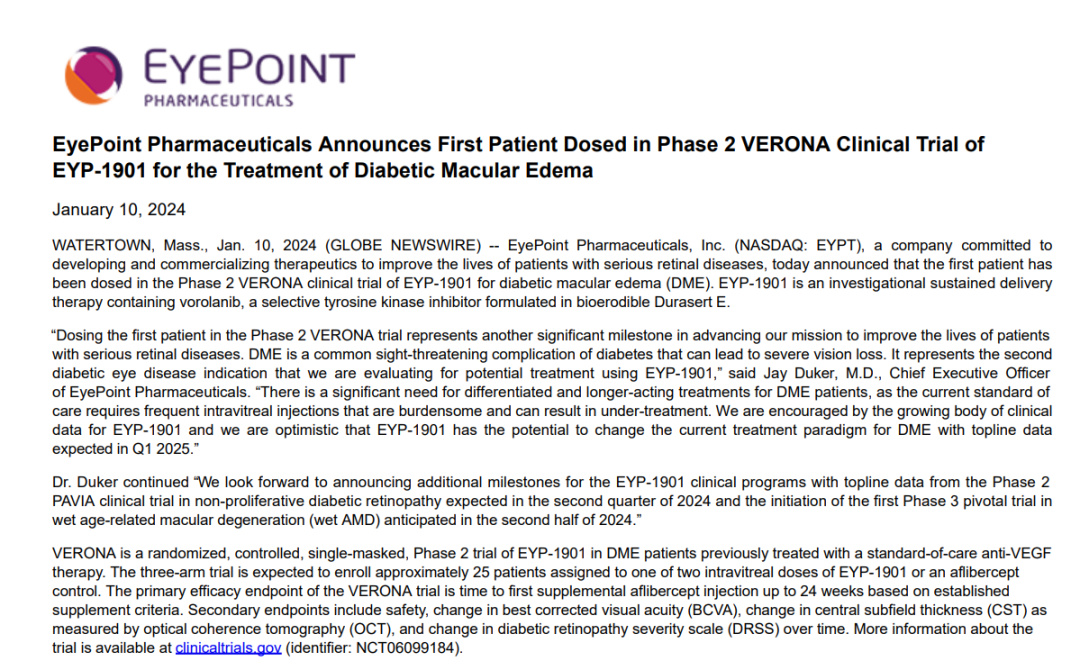  1月10日，公司合作伙伴EyePoint Pharmaceuticals（EyePoint）在官网发布新闻[1]，宣布EYP-1901治疗糖尿病黄斑病变（DME）的II期临床试验VERONA首例患者给药。