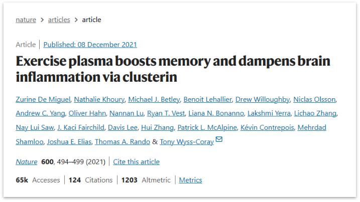 斯坦福大学医学院神经病学与神经科学系Tony Wyss-Coray研究团队在Nature杂志发表了一篇题为“Exercise plasma boosts memory and dampens brain inflammation via clusterin”的研究论文