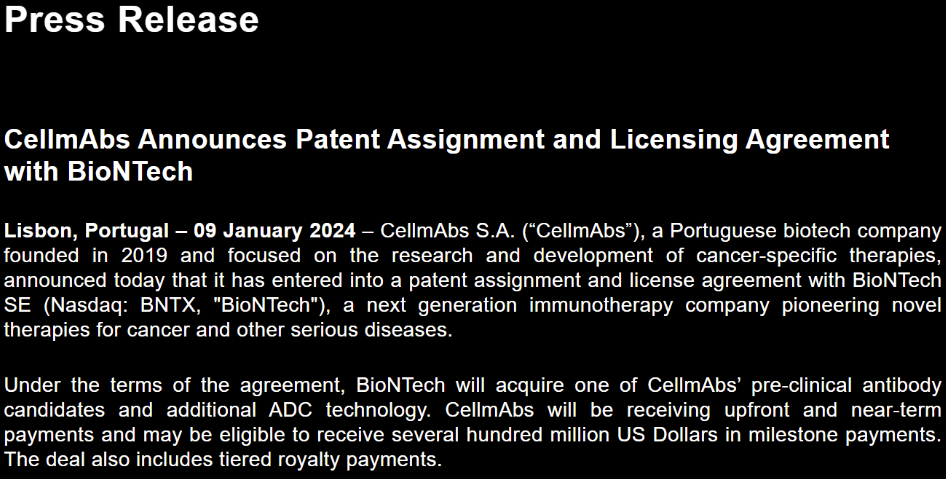 葡萄牙生物技术公司CellmAbs宣布已与BioNTech签订专利转让和许可协议，将一款临床前候选ADC新药及ADC技术授权给BioNTech