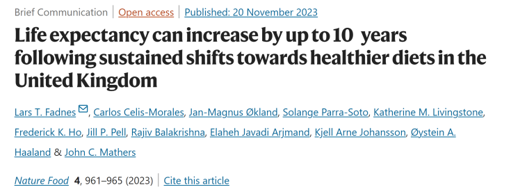 11月20日，发表于《Nature Food》的“Life expectancy can increase by up to 10 years following sustained shifts towards healthier diets in the United Kingdom”研究论文中