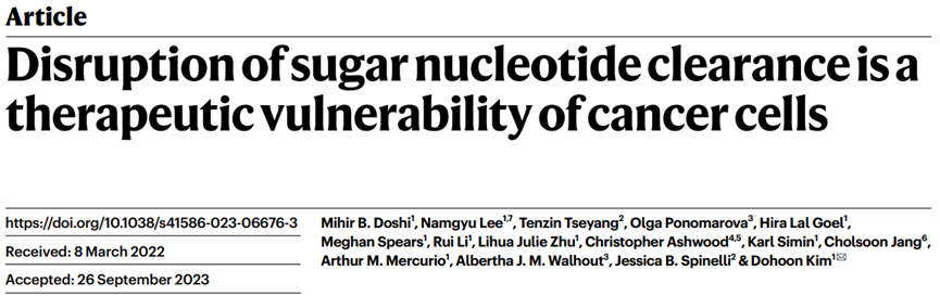 美国马萨诸塞大学医学院Dohoon Kim教授团队在国际顶级期刊Nature上发表了一篇题为Disruption of sugar nucleotide clearance is a therapeutic vulnerability of cancer cells的文章