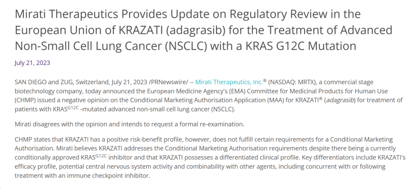 时间倒回半年前，欧洲药品管理局（EMA）还曾拒绝附条件批准 adagrasib上市，原因是：缺乏具有有效性的全面数据。