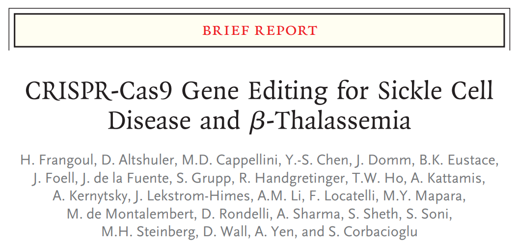 此前，Casgevy疗法的临床试验结果于2020年12月发表在了《新英格兰医学杂志》（NEJM）期刊，论文题为：CRISPR-Cas9 Gene Editing for Sickle Cell Disease and β-Thalassemia。
