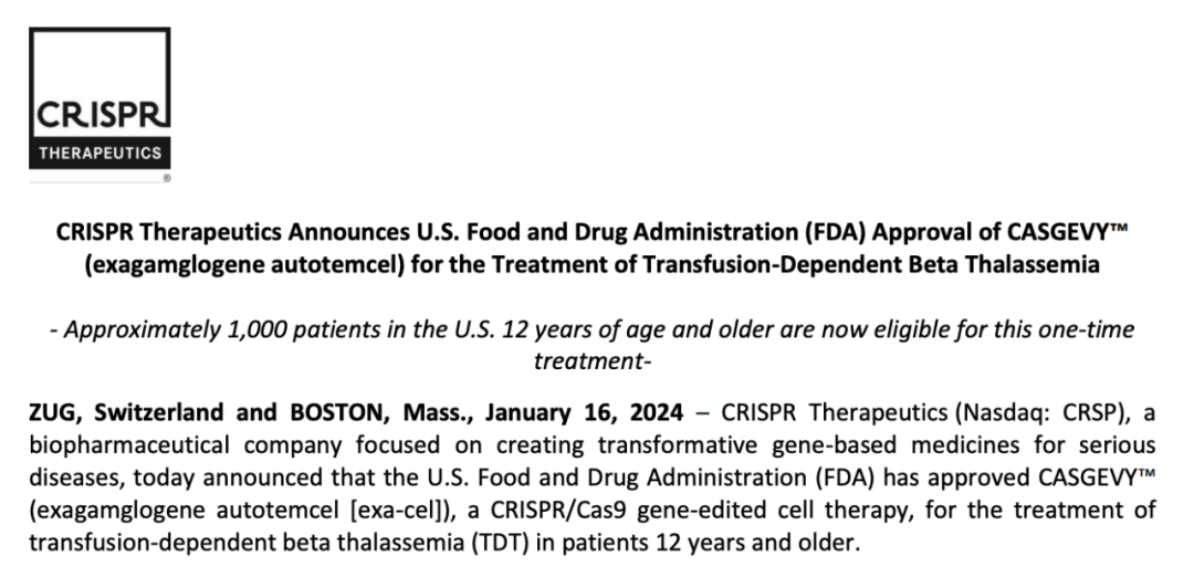 去年12月，Casgevy疗法被FDA批准用于治疗12岁及以上伴有复发性血管闭塞危象的镰状细胞病（SCD），这也是FDA批准的首 款基于CRISPR技术的基因编辑疗法。