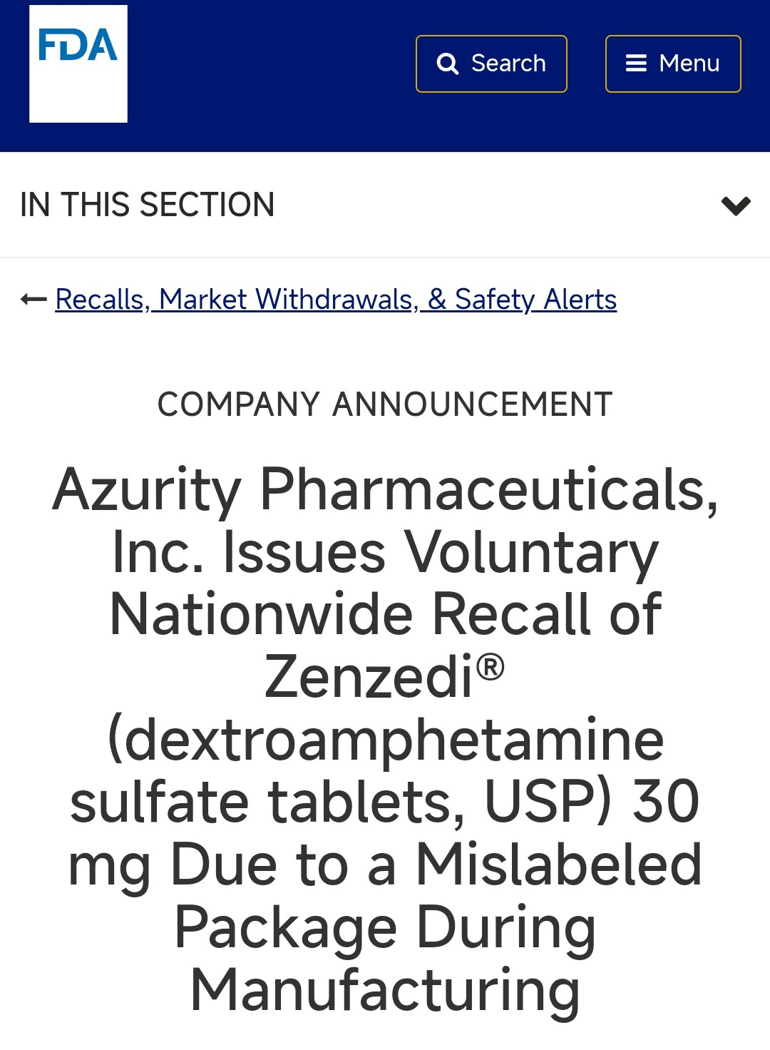 FDA发布公告召回一款硫酸右旋苯 丙胺片，原因是贴错标签。