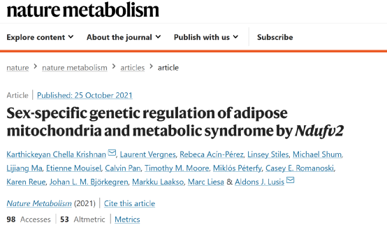 美国辛辛那提大学（University of Cincinnati）的一项研究发表在《自然-代谢》的杂志上“Sex-specific genetic regulation of adipose mitochondria and metabolic syndrome by Ndufv2”
