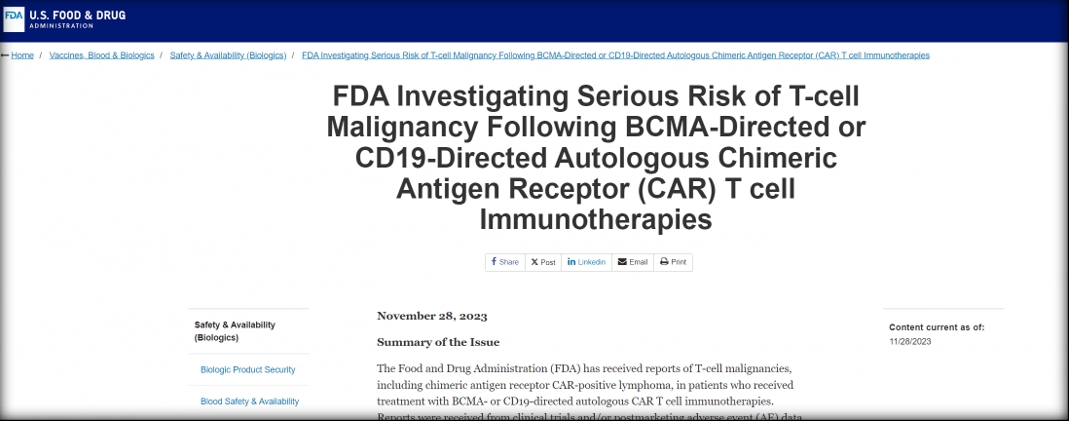 FDA也在关于CAR-T疗法的风险方面发表了一些声明