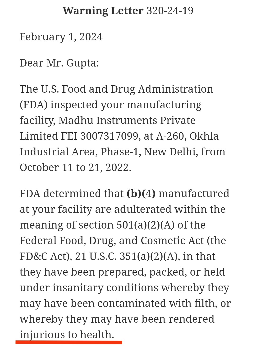 FDA483的回复