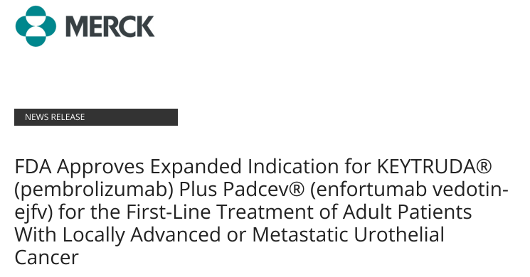 2023年12月，默沙东宣布FDA提前批准了K药联合Nection-4 ADC（Padcev）一线治疗不适于接受含顺铂化疗的局部晚期或转移性尿路上皮癌患者。这是全球首 个获批的“PD-1+ADC”组合疗法。