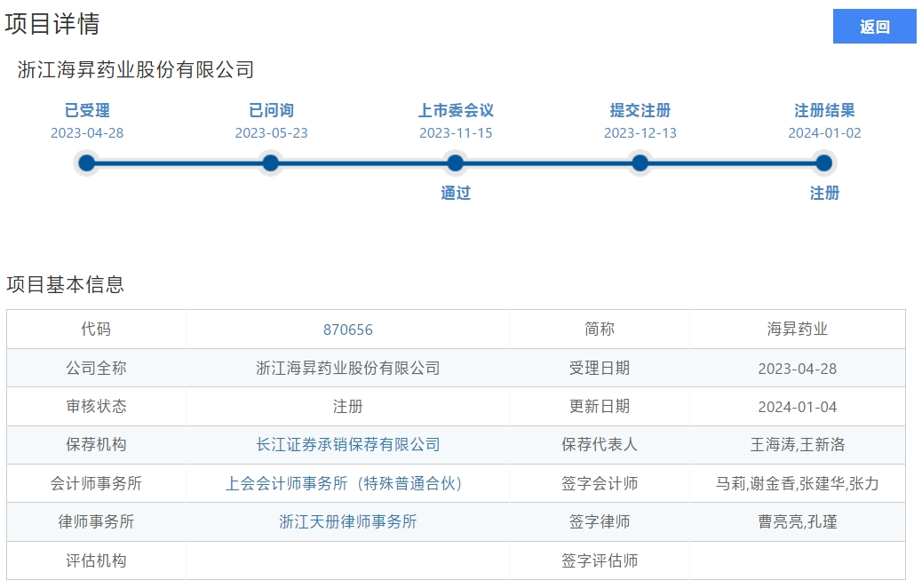 1月4日，浙江海昇药业股份有限公司(以下简称“海昇药业”或公司)上市注册获证监会同意，公司将刊登招股资料，启动发行工作。