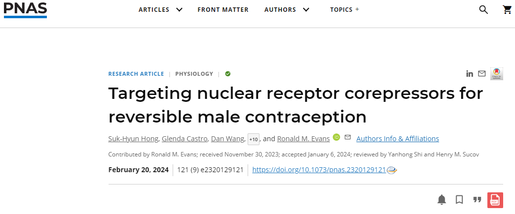近日，索尔克生物研究所埃文斯博士团队在国际知名期刊PNAS发表了题为“Targeting nuclear receptor corepressors for reversible male contraception”的研究性文章