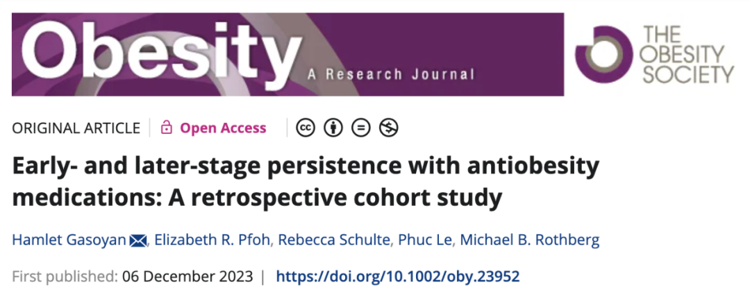 1月，克利夫兰医学中心的研究人员在 Obesity 期刊发表了一篇题为：Early- and later-stage persistence with antiobesity medications: A retrospective cohort study 的论文。