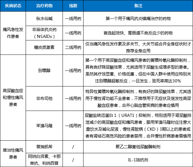 表1中国高尿酸血症及痛风治疗方案