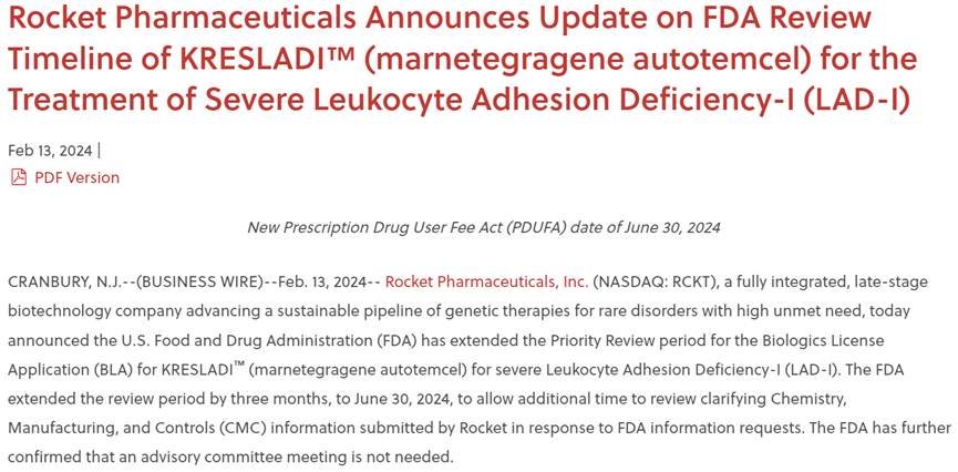 FDA已延长Kresladi用于治疗严重LAD-I的BLA的优先审查期