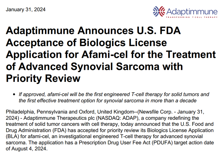Adaptimmune宣布FDA已接受afami-cel的BLA的优先审查