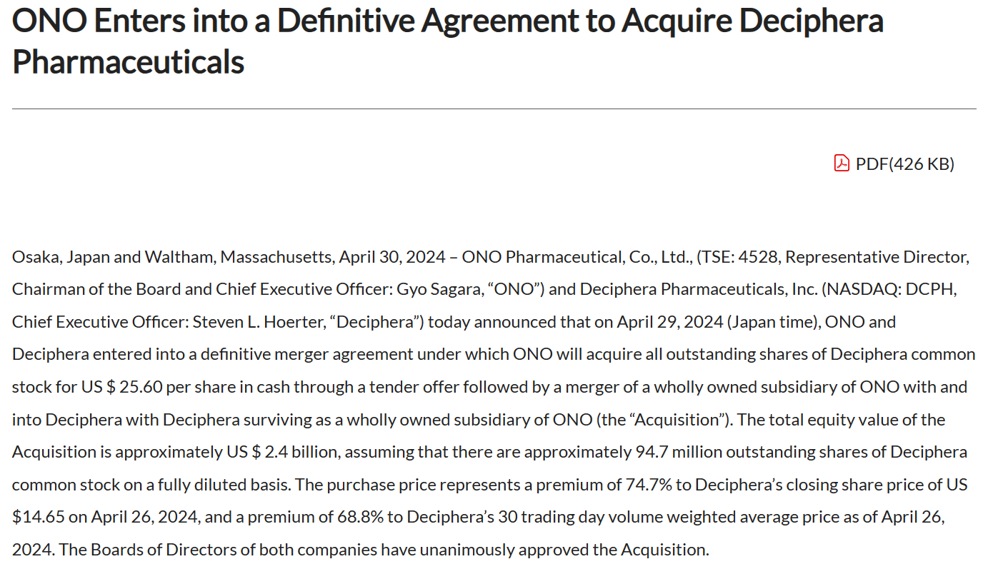 小野制药宣布以25.6美元/股的价格收购Deciphera Pharmaceuticals