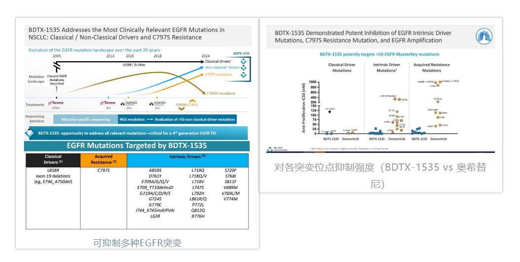 BDTX-1535是由Black Diamond Therapeutics公司研发的一种中枢神经系统渗透剂第四代不可逆（共价）EGFR抑制剂，可靶向第三代EGFR TKI获得性和内在耐药性突变，对EGFR WT有选择性，同时有很好的渗脑作用。