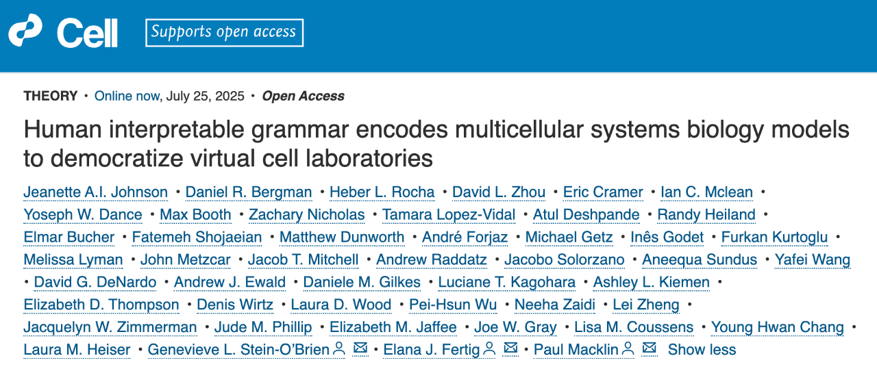 2025 年 7 月 25 日發(fā)表于 Cell 期刊，論文題為：Human interpretable grammar encodes multicellular systems biology models to democratize virtual cell laboratories，論文作者來自印第安納大學(xué)、約翰·霍普金斯大學(xué)、馬里蘭大學(xué)醫(yī)學(xué)院