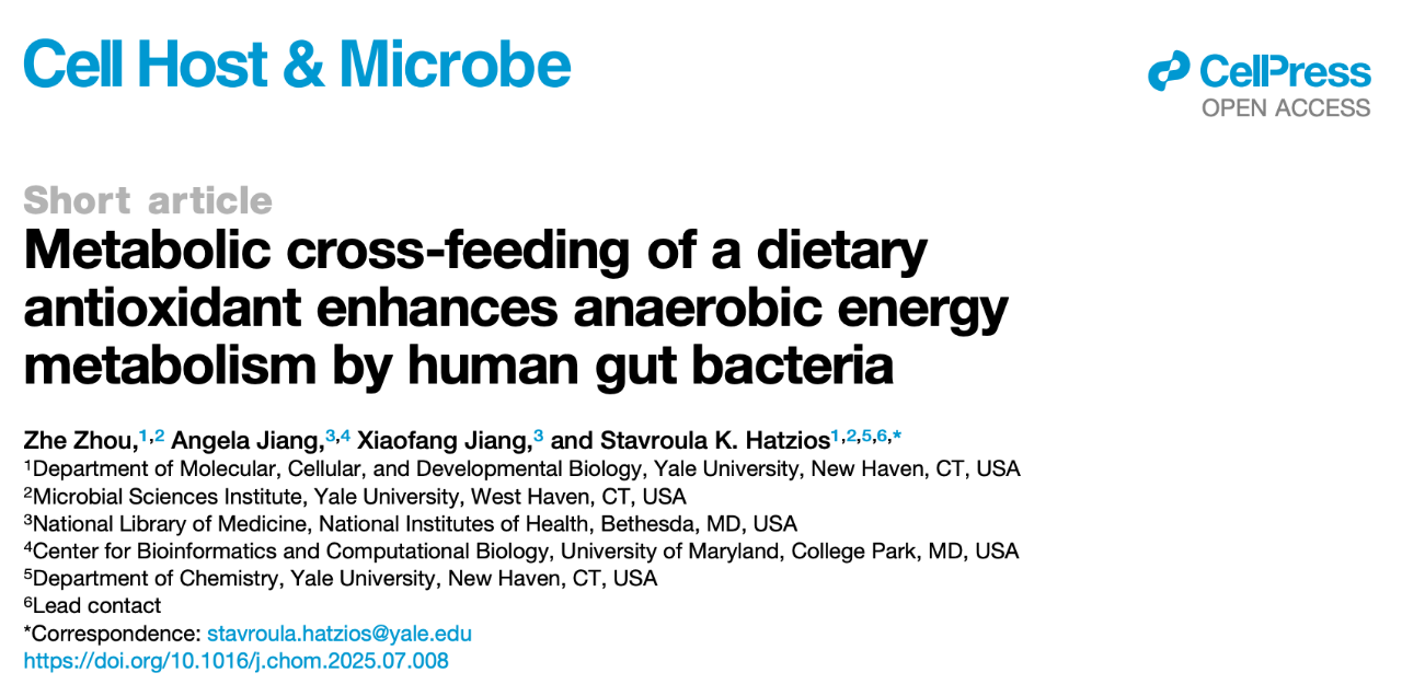 2025 年 8 月 4 日，耶魯大學的研究人員在 Cell 子刊 Cell Host & Microbe 上發(fā)表了題為：Metabolic cross-feeding of a dietary antioxidant enhances anaerobic energy metabolism by human gut bacteria 的研究論文。
