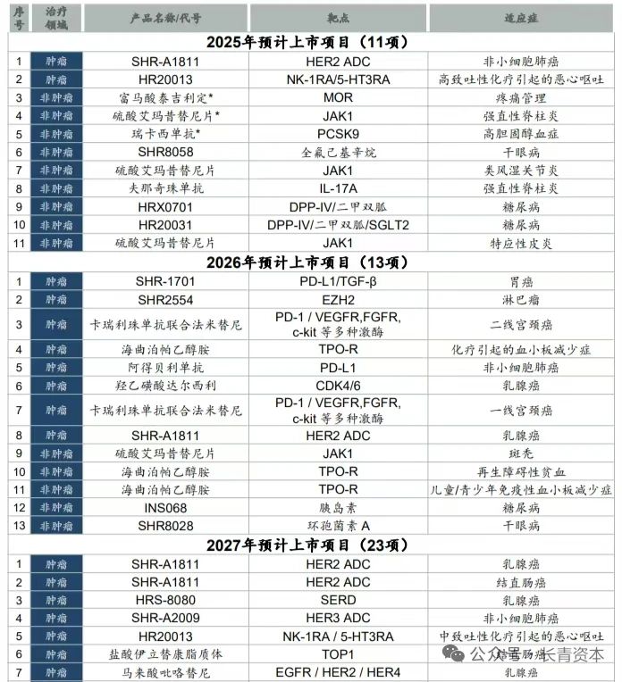 恒瑞醫藥2024年年報中披露的2025-2027預計獲批上市產(chǎn)品
