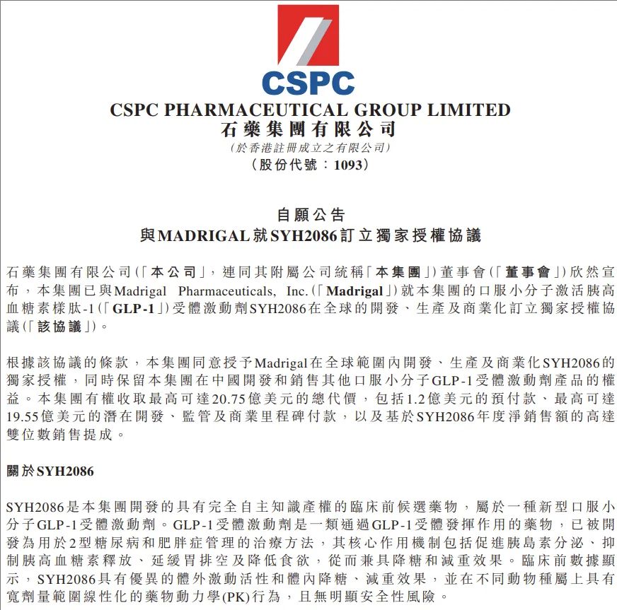 2025年7月30日，石藥集團（01093）發(fā)布公告，本公司已與Madrigal Pharmaceuticals, Inc.就口服小分子激活胰高血糖素樣肽-1（GLP-1）受體激動劑SYH2086在全球的開發(fā)、生產(chǎn)及商業(yè)化訂立獨家授權(quán)協(xié)議。