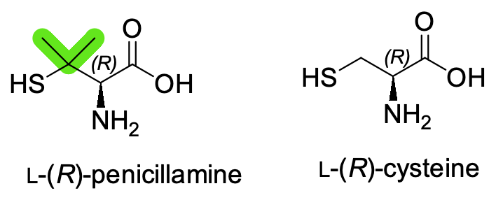  Penicillamine（左）與cysteine（右）化學(xué)結(jié)構(gòu)對比