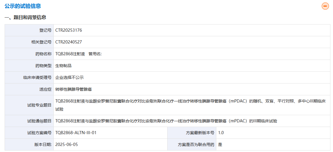8月12日，藥物臨床試驗登記與信息公示平臺顯示，正大天晴的TQB2868啟動了首個III期研究。
