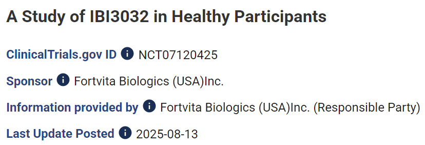 2025年8月13日，信達(dá)生物美國(guó)子公司Fortvita Biologics在Clinicaltrials.gov網(wǎng)站上注冊(cè)了小分子GLP-1受體激動(dòng)劑IBI3032的美國(guó)一期臨床試驗(yàn)。