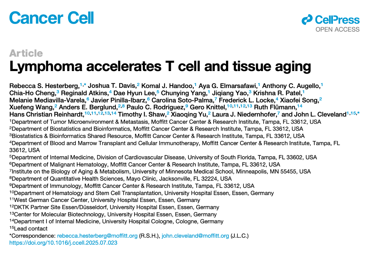 2025 年 8 月 21 日，莫菲特癌癥中心及研究所的研究人員在 Cancer Cell 上發(fā)表了題為：Lymphoma accelerates T cell and tissue aging 的研究論文。