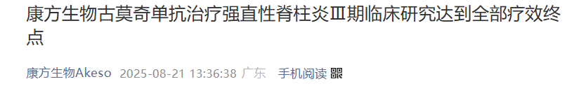 8 月 21 日，康方生物宣布，其自主研發(fā)的新型人源化抗 IL-17A 單克隆抗體古莫奇單抗（研發(fā)代號(hào)：AK111），在治療活動(dòng)性強(qiáng)直性脊柱炎（AS）的關(guān)鍵注冊(cè)性 Ⅲ 期臨床研究中取得陽(yáng)性結(jié)果