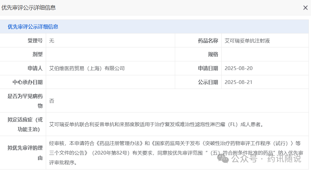 據中國國家藥品審評中心（CDE）8月21日信息，CDE擬將艾伯維靶向CD3/CD20雙特異性T細胞銜接器（TCE）Epcoritamab（艾可瑞妥單抗）納入優(yōu)先審評