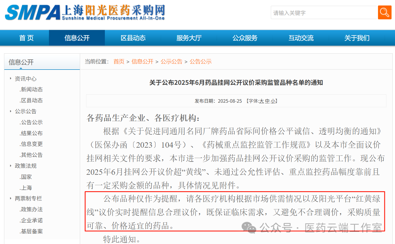 8月25日，上海市藥事所發(fā)出《關(guān)于公布2025年6月藥品掛網(wǎng)公開議價采購監(jiān)管品種名單的通知》