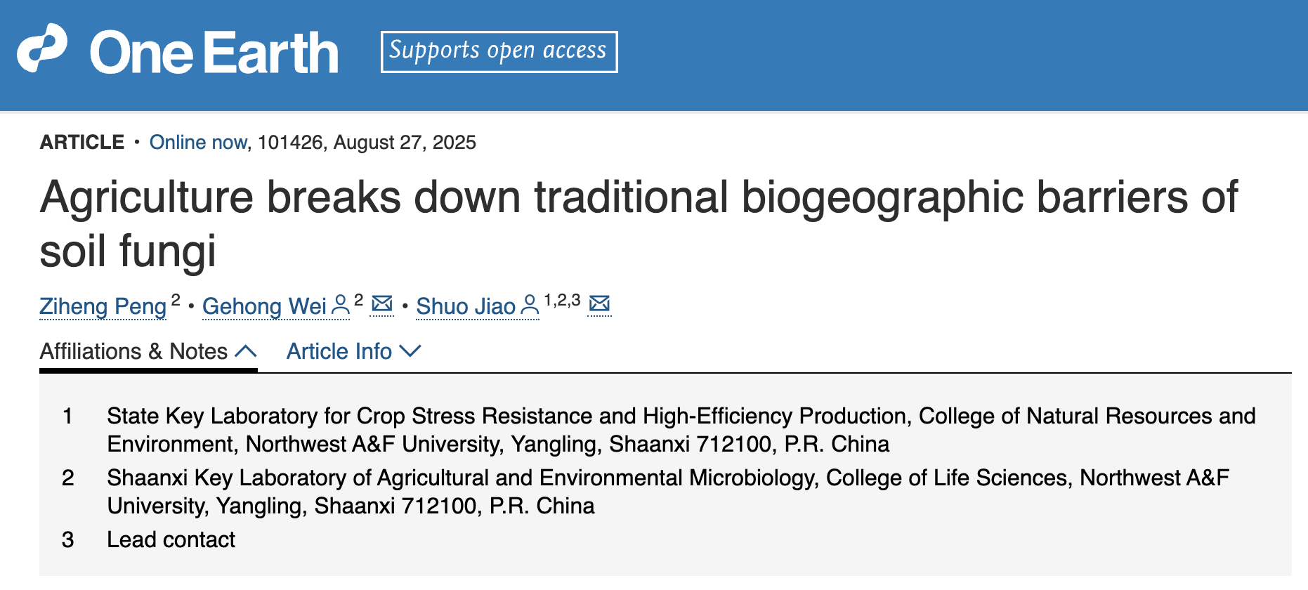 該論文題為：Agriculture breaks down traditional biogeographic barriers of soil fungi（農(nóng)業(yè)打破了土壤真菌的傳統(tǒng)生物地理屏障）
