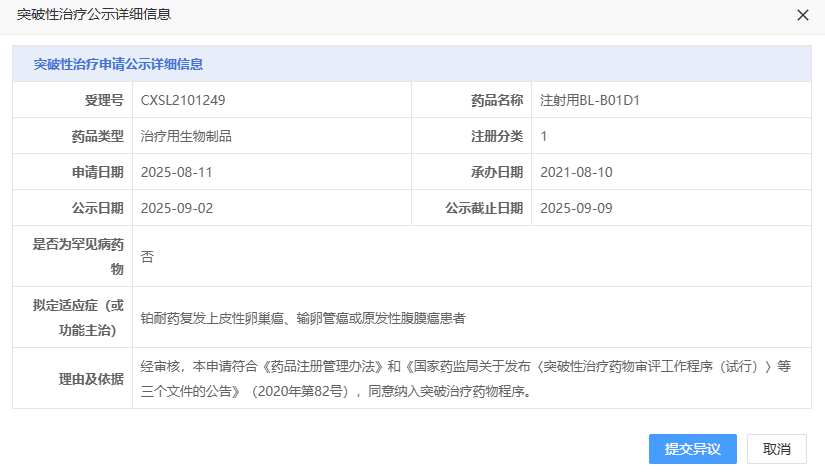 9 月 2 日，CDE 官網(wǎng)顯示，百利天恒注射用 BL-B01D1 擬納入突破性療法，用于鉑耐藥復(fù)發(fā)上皮性卵巢癌、輸卵管癌或原發(fā)性腹膜癌患者。